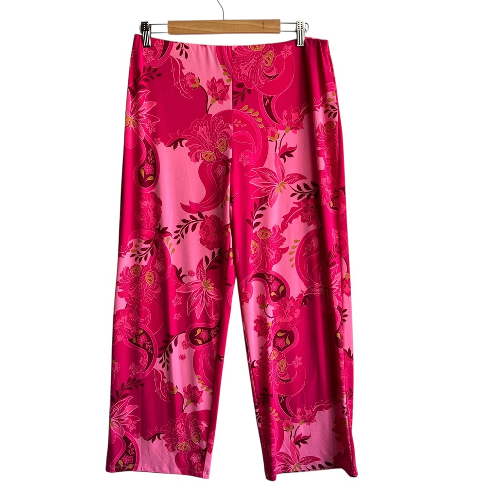 JM Collection Statement Pants Pink Floral Paisley Wide‎ Leg Retro Boho Summer PL